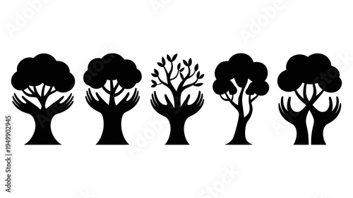 Five black silhouette icons cleverly merge human hands with diverse tree designs.