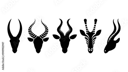 Five distinct black silhouette icons of antelope and deer heads with varied horns are shown.