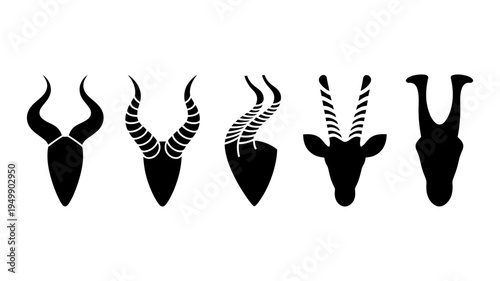 Five distinct black silhouette icons of antelope and deer heads with impressive, varied horns.