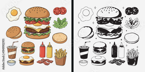 pizza food illustration set, hand drawn italian cuisine design, minimal line art fast food icons, black outline pizza drawing, creative restaurant artwork, vector food collection, white background