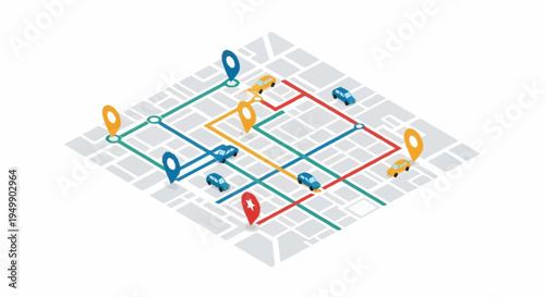 A colorful map with multiple routes and location markers.
