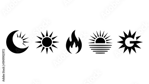 Five distinct black silhouette icons represent celestial bodies and elemental concepts.