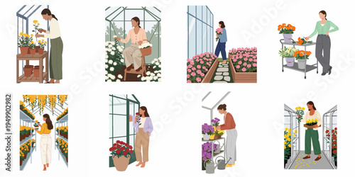 Set of illustrations featuring women working as florists and gardeners, tending to vibrant flowers and plants inside various greenhouses and glasshouse environments.