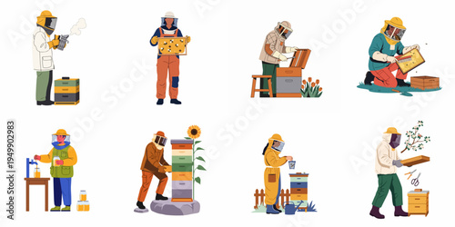 Set of flat illustrations showing diverse beekeepers in protective suits performing tasks like hive inspection, honey harvesting, and using a smoker.