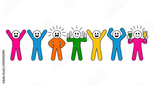 A vibrant line of six colorful stick figures with happy faces and bright auras celebrating together.