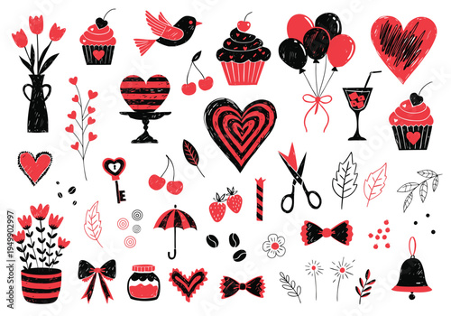 A collection of red and black hand-drawn valentines day icons including cupcakes, flowers, and heart shapes is displayed on a white surface.