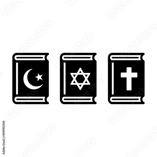 A trio of sacred texts representing Islam, Judaism, and Christianity displayed side by side.