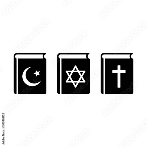 Three distinct holy books representing Islam, Judaism, and Christianity shown together in a line.