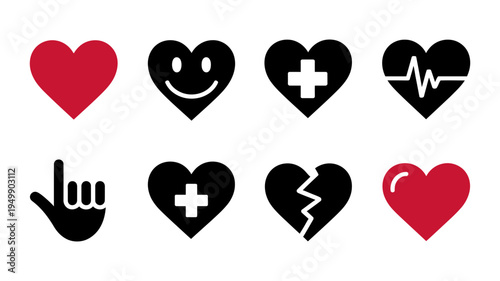 A diverse set of eight heart icons symbolizing love, health, emotions, and care.