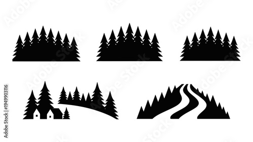 A collection of diverse black silhouettes showcasing pine forests, winding roads, and cozy cabins.