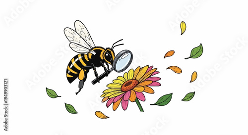 A busy bee collecting nectar from a colorful flower surrounded by falling leaves and petals in air