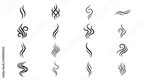 Minimalist collection of various black steam, smoke, heat and aroma swirl line art icons set on a clean white background, symbolizing hot coffee aroma and luxury spa relaxation atmosphere