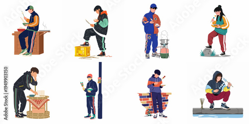 Flat vector illustrations of young people in trendy streetwear eating Asian street food and skewers in various casual outdoor settings.
