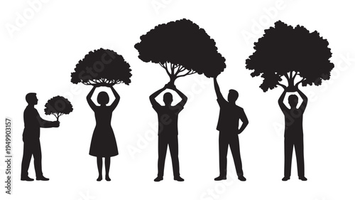 Five diverse people silhouettes are holding up different tree silhouettes, symbolizing environmental care and growth.