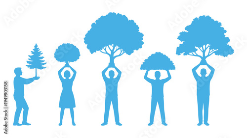 Blue silhouettes of five people are holding various tree shapes, representing ecological preservation and growth.