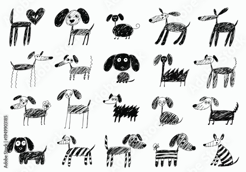 Twenty simple black ink drawings of various dogs created with messy scribbles and line art are arranged in a grid pattern on a white background.