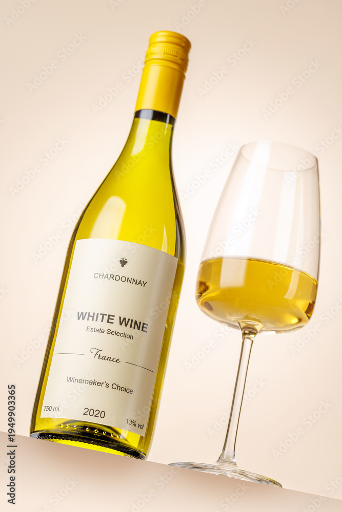 Fototapeta premium White wine bottle mockup with glass