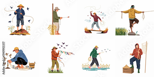 Set of vector illustrations depicting farmers engaged in various agricultural activities, bird scaring, and managing crops in rural rice fields.
