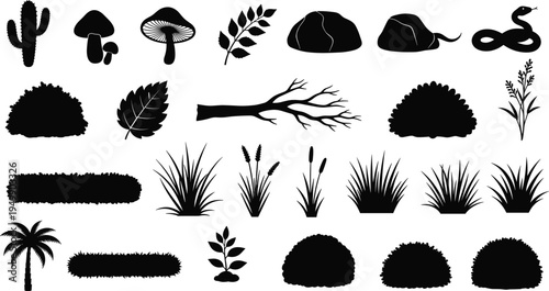 Black silhouette collection of plants, mushrooms, leaves, branches, grasses, cactus, palm tree, rocks, bushes, and snake arranged in rows for botanical illustration, design, and education