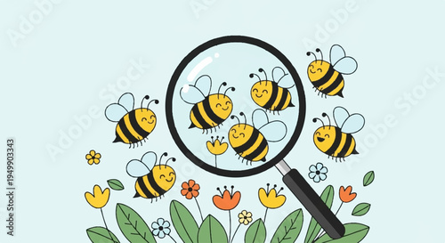 Magnified bees flying around colorful flowers with green leaves on light blue background