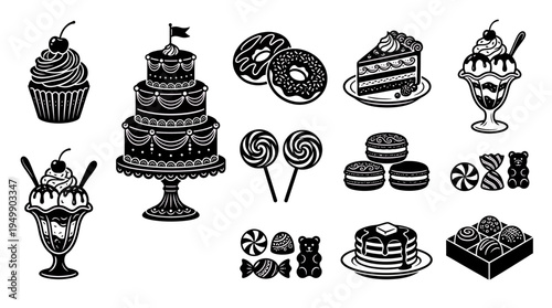 Black and white dessert icon set featuring cupcakes, tiered wedding cake, donuts, ice cream sundaes, macarons and candies, symbolizing bakery menu design and sweet treat catering branding