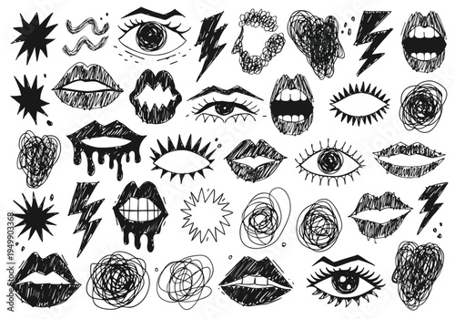 A collection of thirty-two black ink drawings featuring various human lips eyes lightning bolts and tangled scribbles is arranged on a white background.