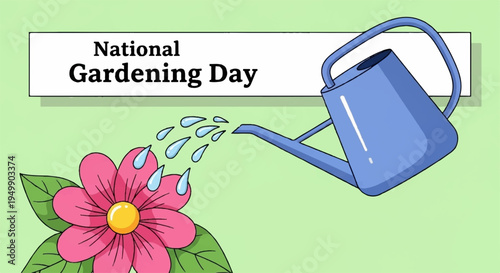National gardening day illustration with pink flower and blue watering can on green background