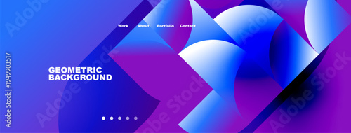 Abstract geometric background. Vibrant blue, purple hues dominate design. Navigation menu present, simple text labels visible. Modern aesthetic.