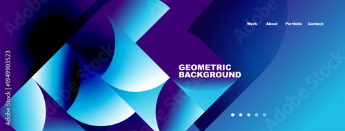 Abstract geometric shapes dominate vibrant blue background. Text includes work, about, portfolio, contact. Minimalist design with dot indicators.