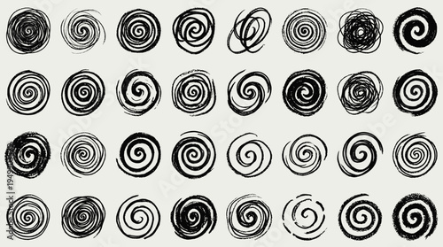 Comprehensive set of various hand drawn black spiral swirls and circular scribble doodles on light grey background, symbolizing creative brainstorming and psychological mental confusion