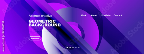 Abstract website header design. Vibrant purple, blue gradients dominate. Text elements include navigation, title, button. Modern aesthetic.