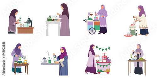 Flat illustration set of Muslim women in hijabs preparing and selling traditional Southeast Asian shaved ice desserts like Cendol at food stalls.
