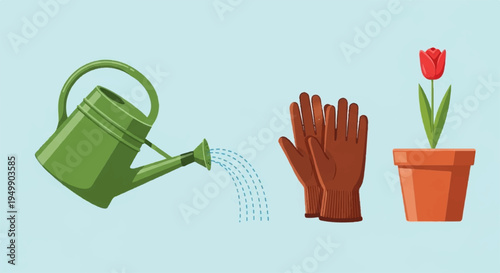 Gardening tools and flower pot with red tulip on light blue background with green watering can and brown glove