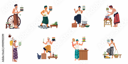 Set of traditional Indonesian street food vendors and servers preparing and serving various local dishes in colorful flat vector illustration style.