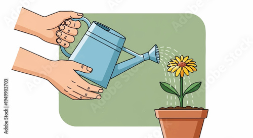 Hands watering a yellow flower in a terracotta pot with a blue watering can on green background
