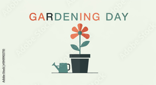 Gardening day concept with potted flower and watering can on light green background