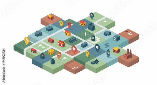 Isometric city street with traffic and buildings.
