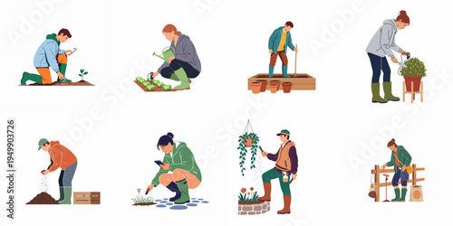 Illustrations of diverse people engaged in various gardening activities using modern technology and traditional tools for smart farming and plant cultivation.