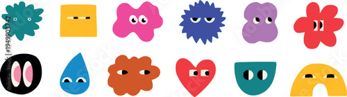 Colorful cartoon vector set of abstract paint splashes and strokes with cute fun character illustrations