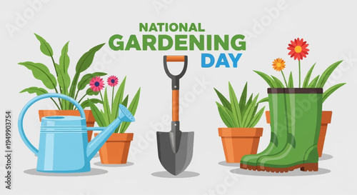 National gardening day illustration with tools and plants celebrating hobby and leisure activities