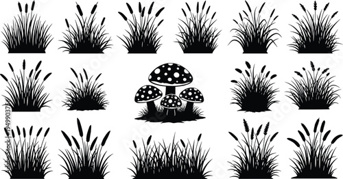 Black silhouette illustration collection featuring diverse grass plants and spotted mushrooms, botanical ecology design elements ideal for educational materials, decorative artwork, and natural 