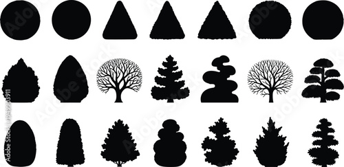 Collection of black silhouettes featuring geometric shapes and diverse tree forms with rounded, triangular, and detailed foliage, perfect for botanical references, landscape design, illustration