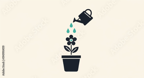 Black flower pot with watering can pouring green water single black flower blooming minimalistic beige background