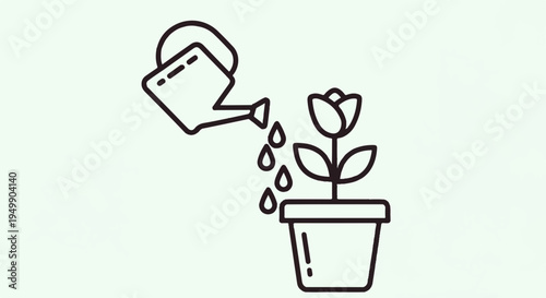 Person watering a plant in a pot with a flower gardening concept simple line art style