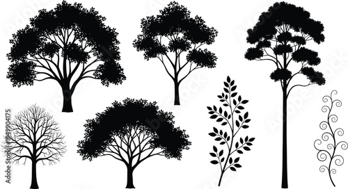 Collection of eight black tree and plant silhouettes with diverse shapes including broad canopies, slender trunks, leafless branches, and stylized foliage, perfect 