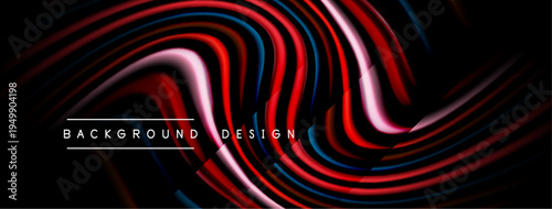 Abstract flowing lines create dynamic visual effect. Red, blue, silver hues blend against black backdrop. Modern design element.