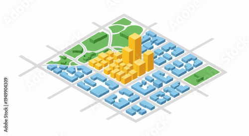 A 3D isometric illustration of city blocks.