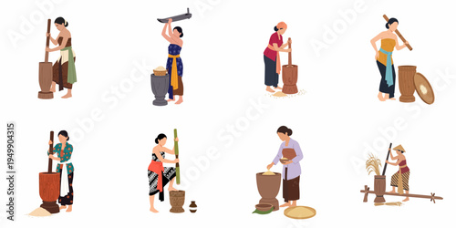 Set of illustrations depicting Southeast Asian women in traditional attire pounding rice using manual mortars and pestles.