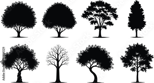 Collection of eight black tree silhouettes with varied canopy shapes, seasonal variations, and trunk structures, perfect for botanical references, landscape design, illustration