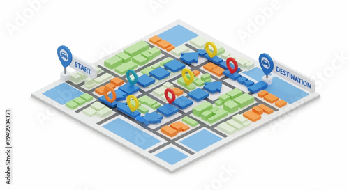 A 3D isometric map with colorful locations.
